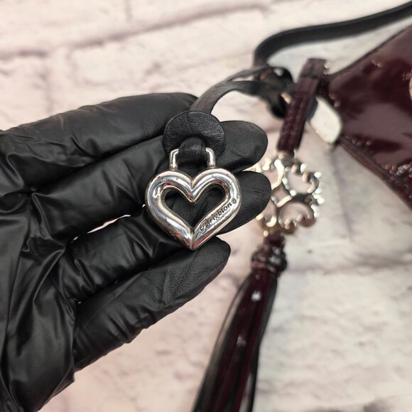 Brighton Women Tassel Shoulder Handbag Burgundy Black Cherry Patent Leather Zip - Picture 11 of 13